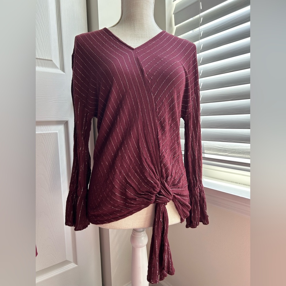 Juicy Couture Burgundy Metallic Pen Striped V- Neck Wrap Long Sleeve Blouse